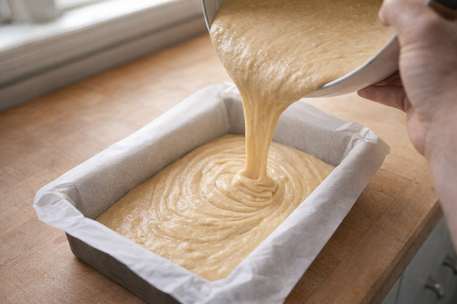 Vanilla cake batter being poured into a parchment-lined cake pan, overhead shot, bright kitchen light